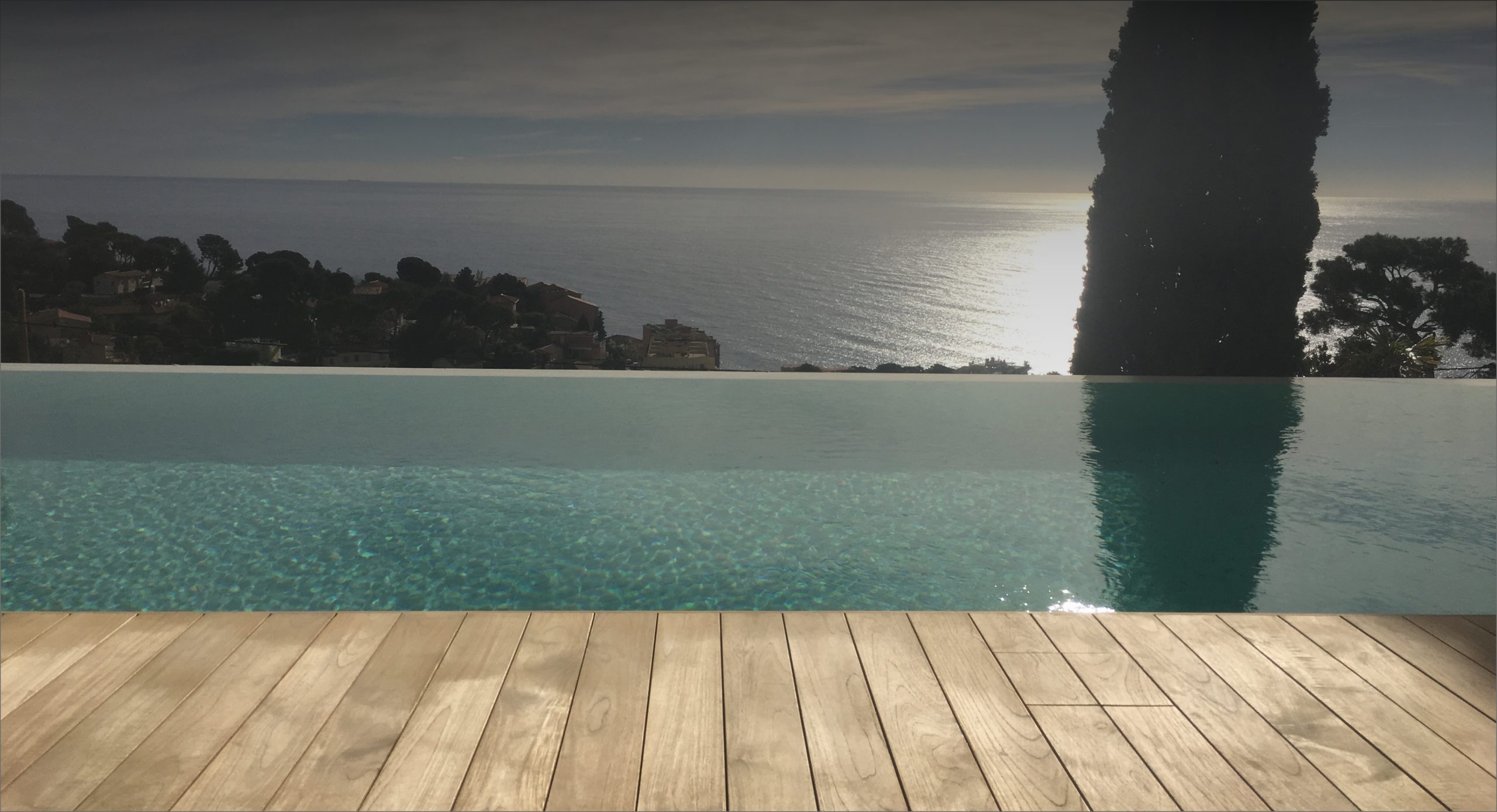 terrasse bois exotique piscine vue mer
